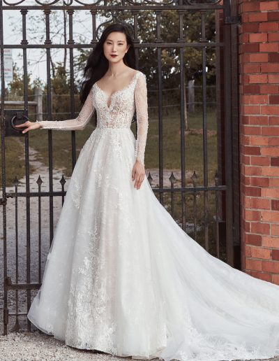 white lace A-line ballgown with long sleeves